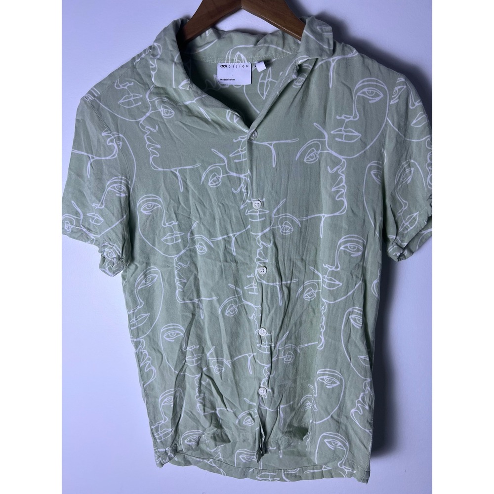 ASOS DESIGN Button Down Shirt Men 2XS Green Face Print Short Sleeveโ Viscose Art